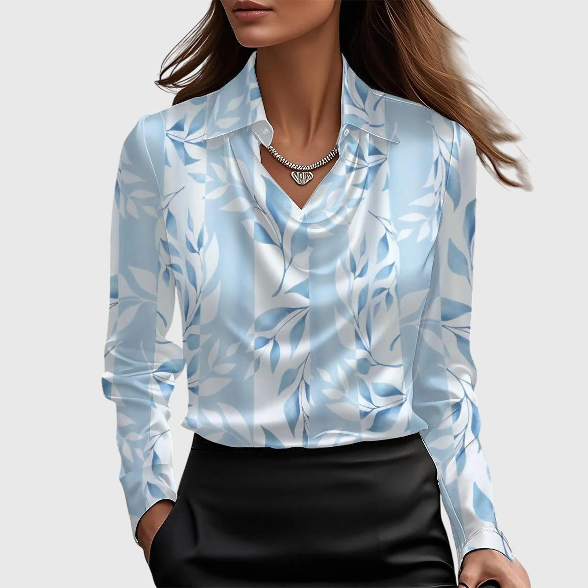 Women's Long-Sleeve Blouse with Cowl Neckline and Pointed Collar