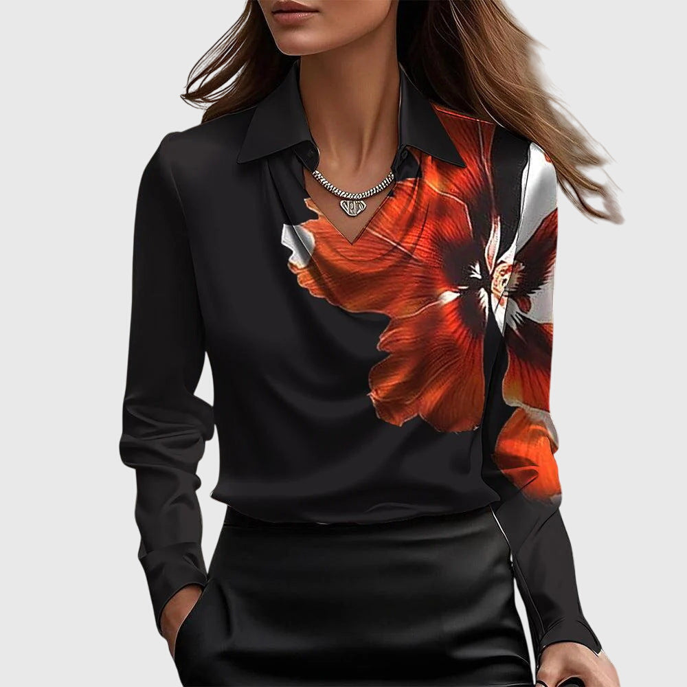Women's Long-Sleeve Blouse with Cowl Neckline and Pointed Collar
