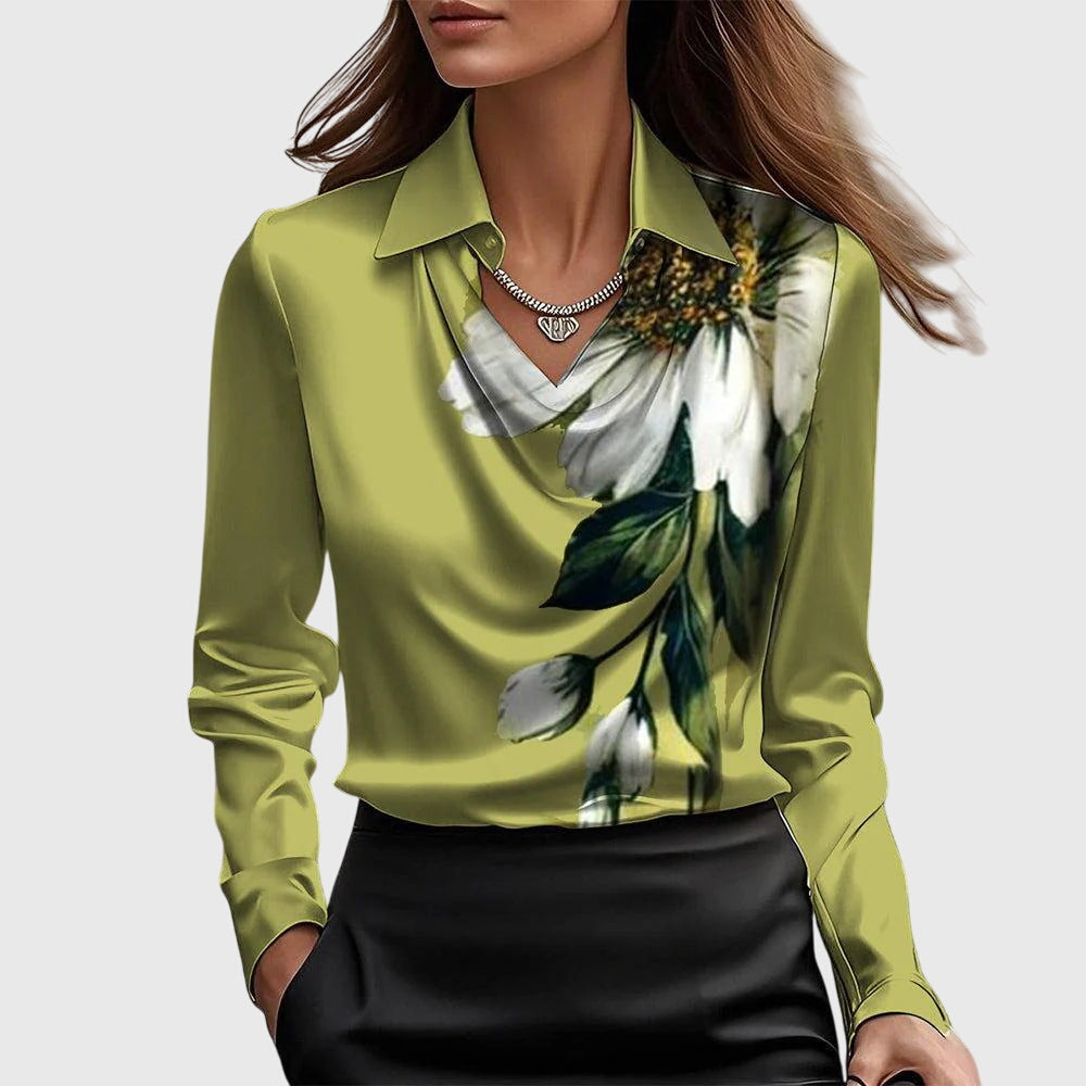 Women's Long-Sleeve Blouse with Cowl Neckline and Pointed Collar