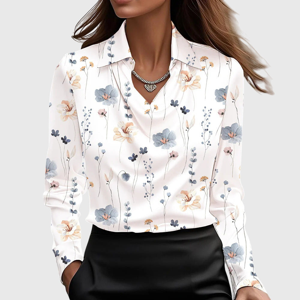 Women's Long-Sleeve Blouse with Cowl Neckline and Pointed Collar