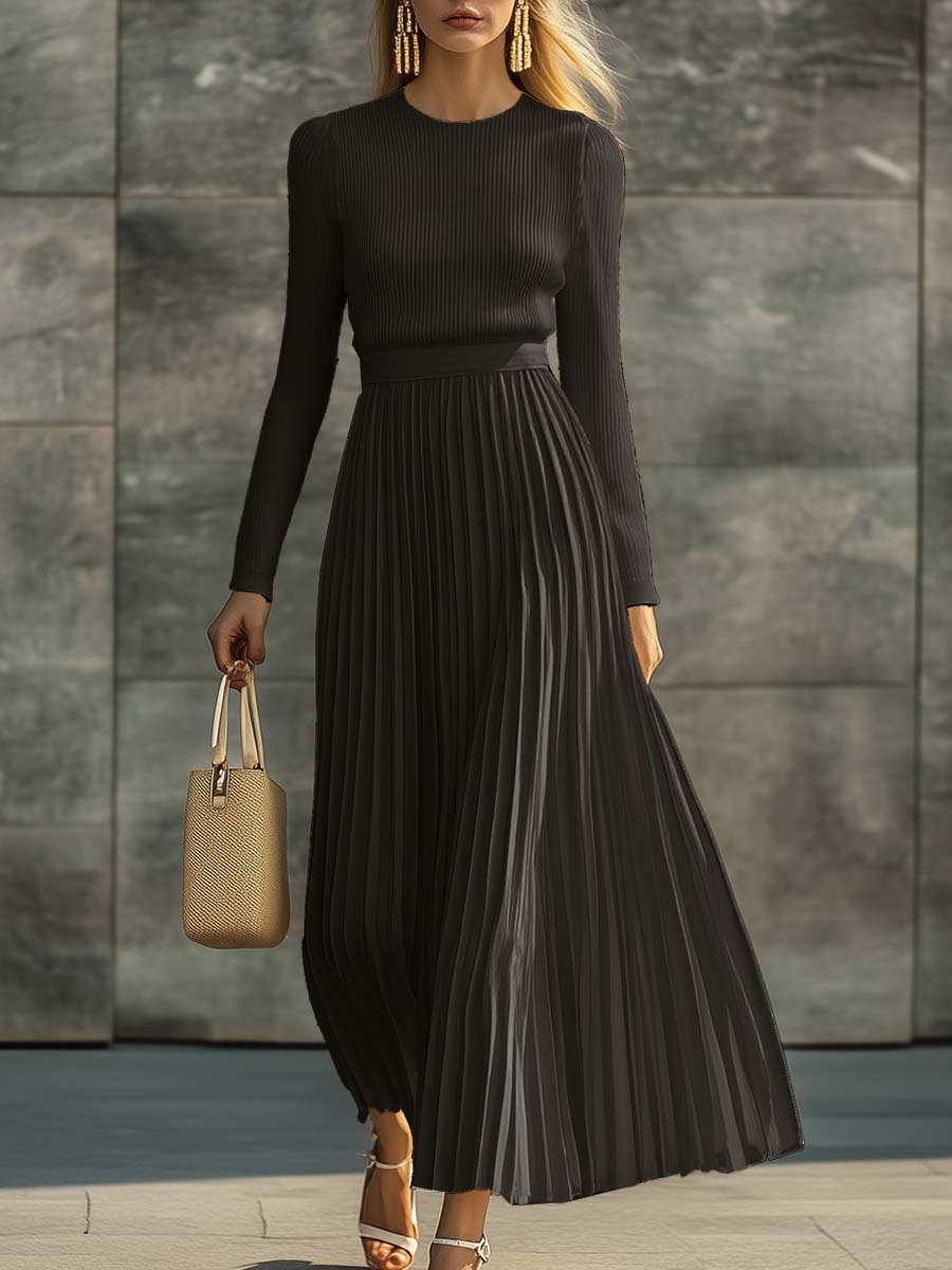 Women's Long Sleeve Pleated Midi Dress with Round Neck and Ribbed Bodice
