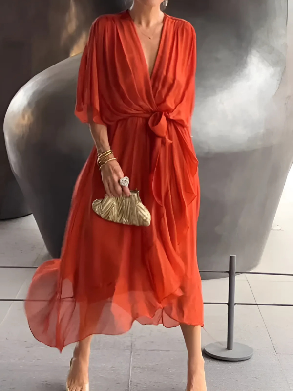 Women's Maxi Dress Crossover V-Neckline and Asymmetrical Handkerchief Hemline