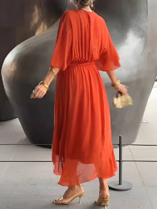 Women's Maxi Dress Crossover V-Neckline and Asymmetrical Handkerchief Hemline