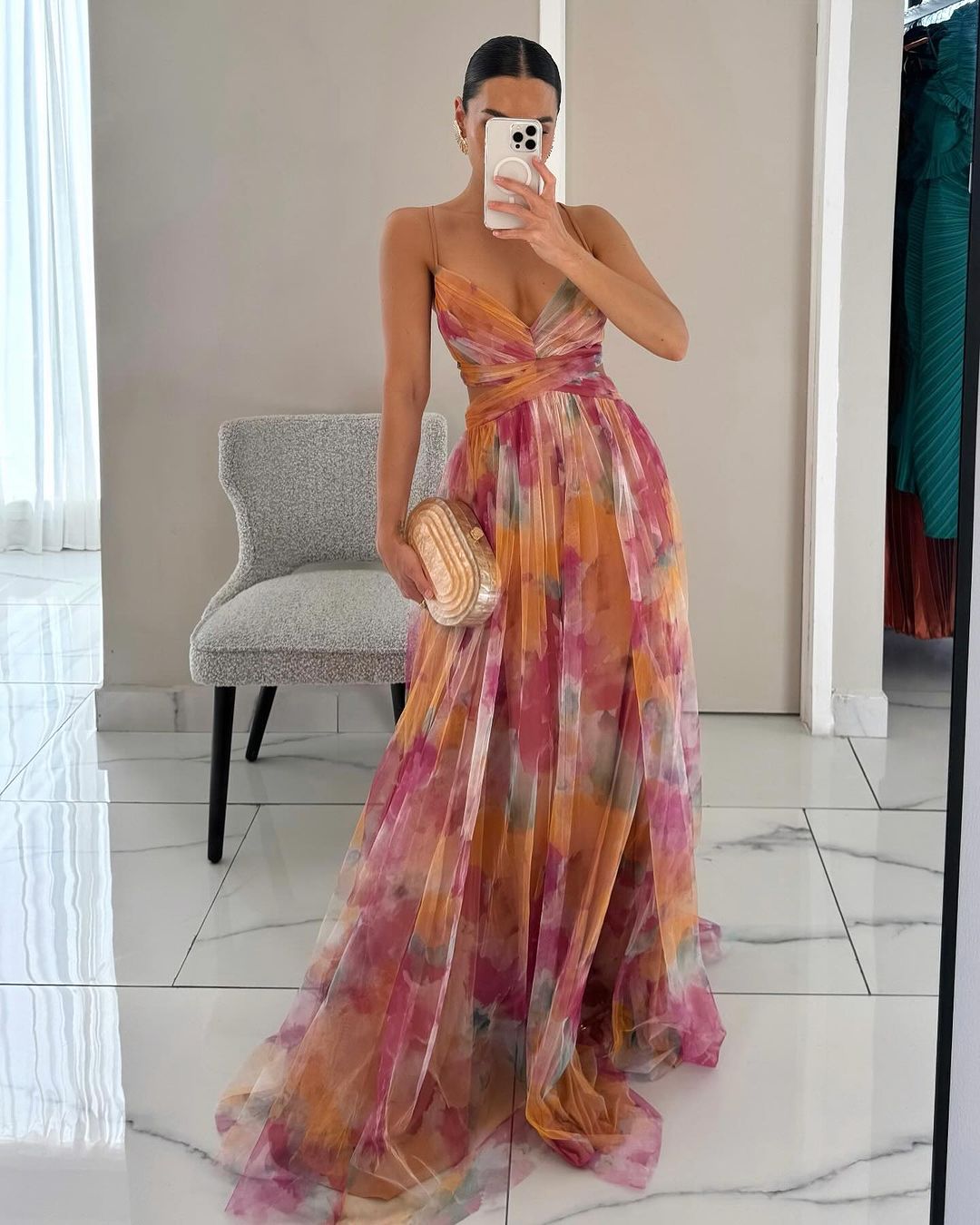 Women's Maxi Dress Layered Tulle Overlay and Abstract Watercolor Floral Motif