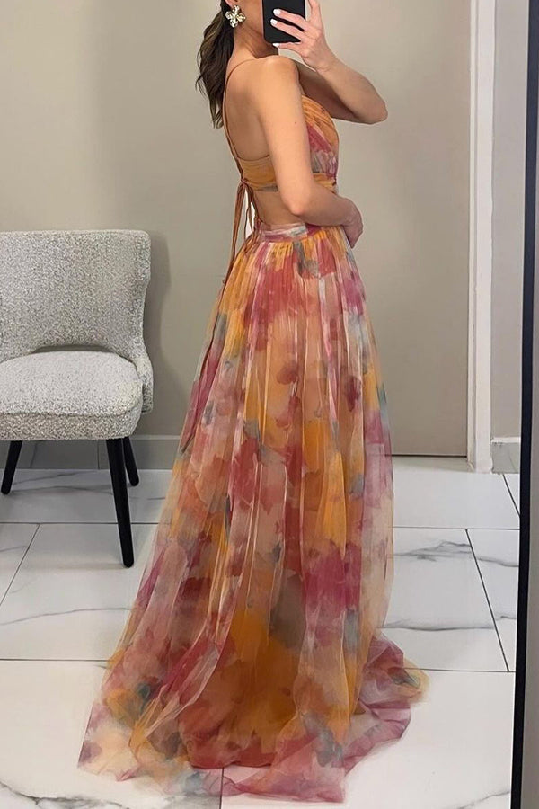 Women's Maxi Dress Layered Tulle Overlay and Abstract Watercolor Floral Motif