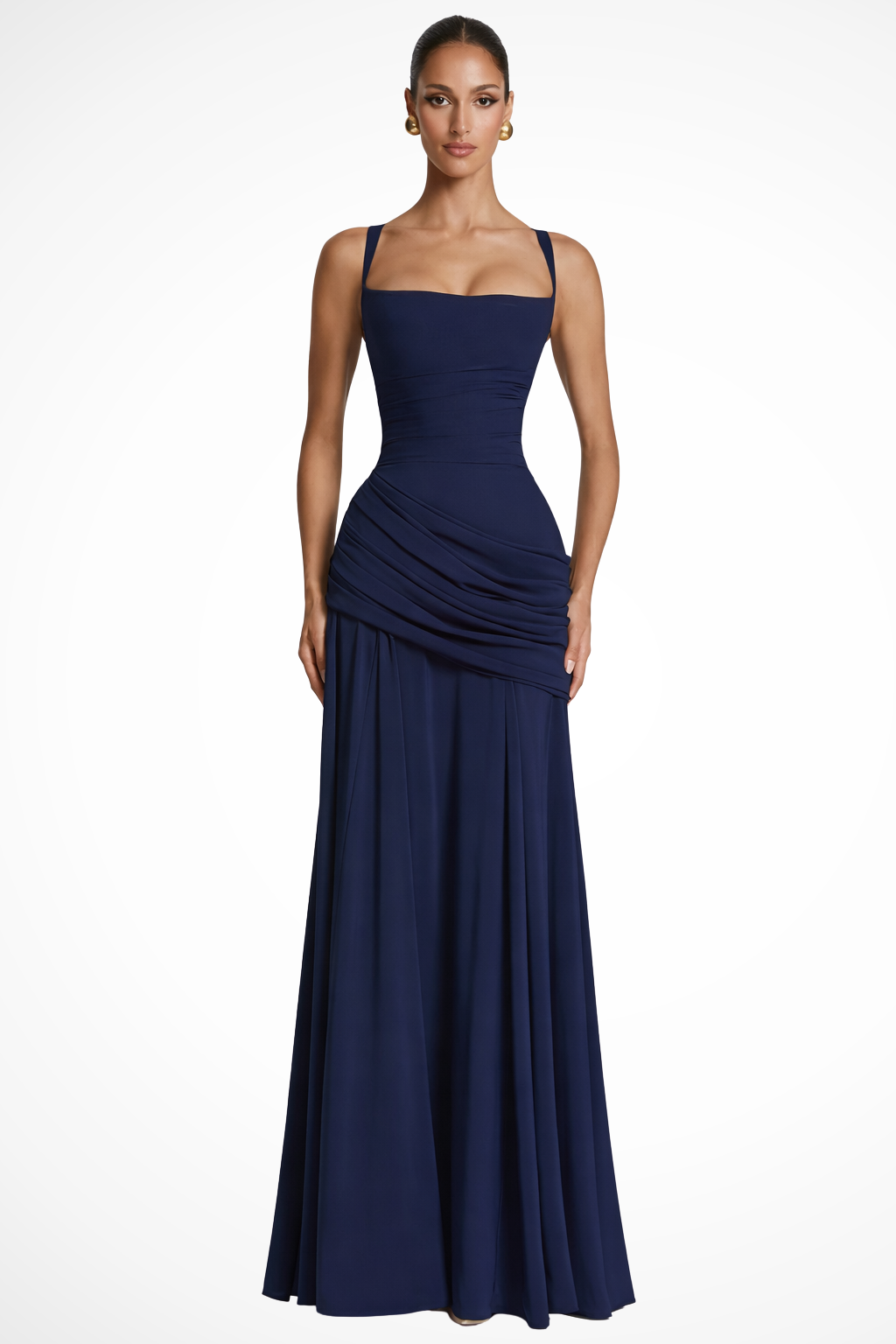 Women's Maxi Wedding Guest Dress Square Neck Ruched Bodice and Draped Skirt