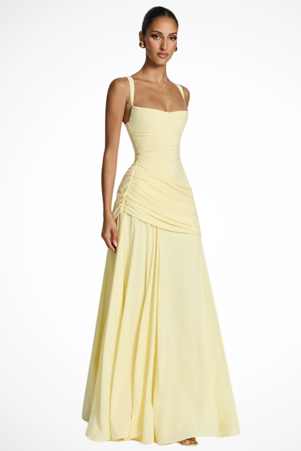 Women's Maxi Wedding Guest Dress Square Neck Ruched Bodice and Draped Skirt