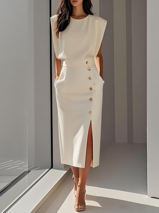 Women's Midi Dress Asymmetric Button Placket and Front Leg Slit