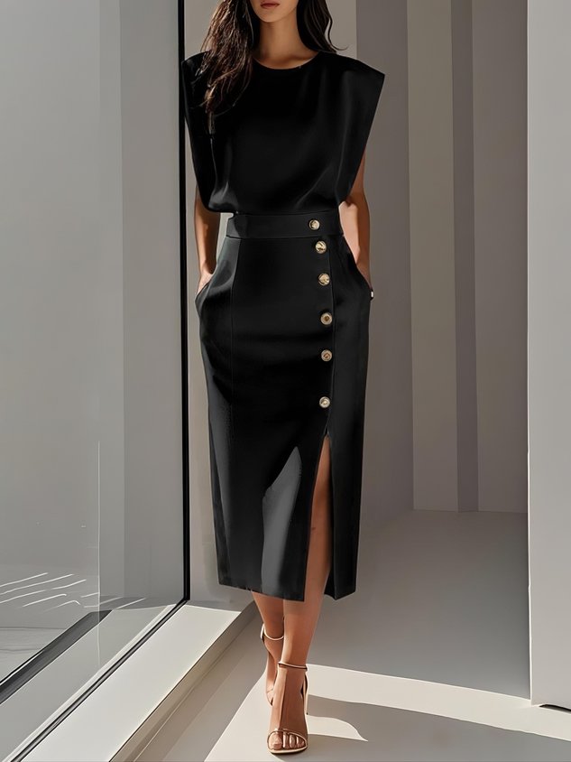 Women's Midi Dress Asymmetric Button Placket and Front Leg Slit