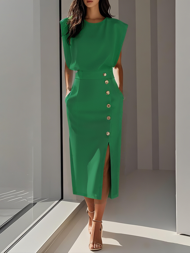Women's Midi Dress Asymmetric Button Placket and Front Leg Slit