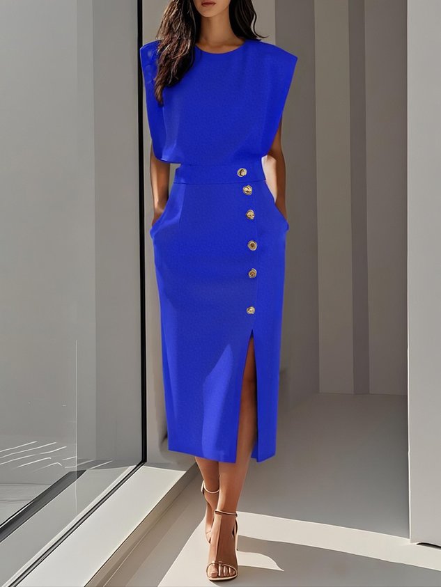 Women's Midi Dress Asymmetric Button Placket and Front Leg Slit