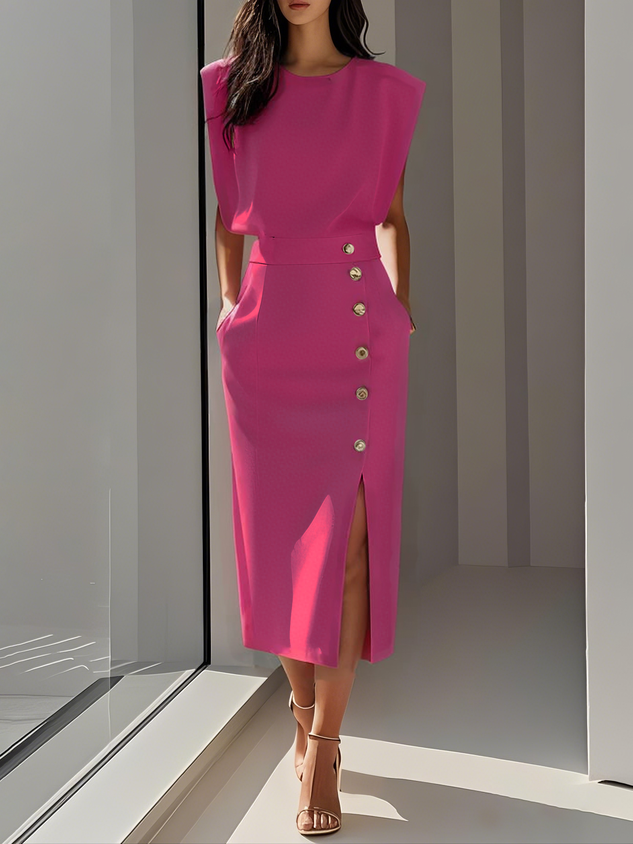 Women's Midi Dress Asymmetric Button Placket and Front Leg Slit