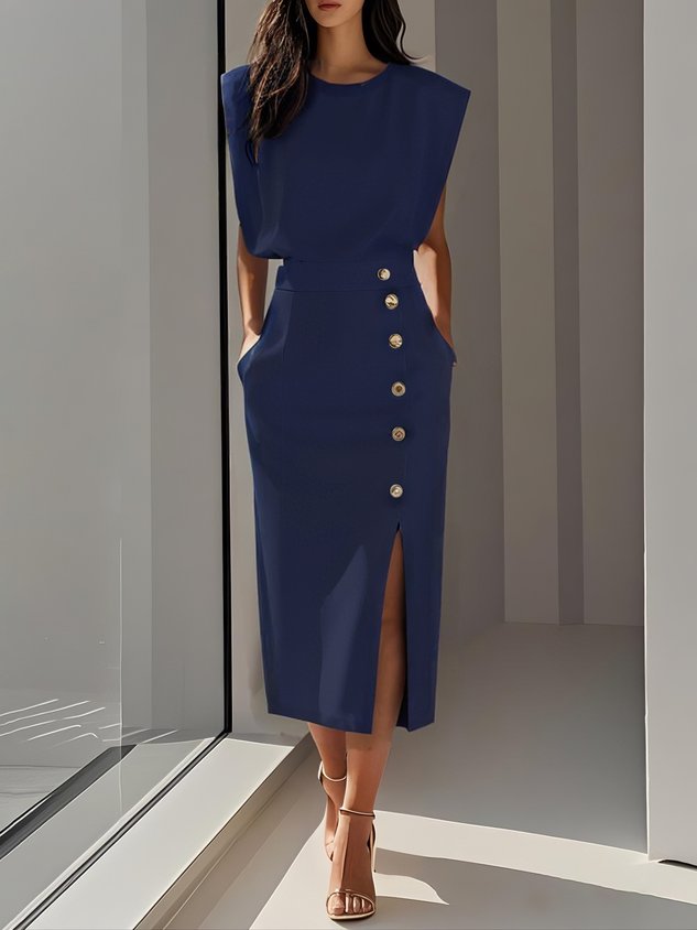 Women's Midi Dress Asymmetric Button Placket and Front Leg Slit