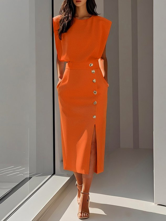 Women's Midi Dress Asymmetric Button Placket and Front Leg Slit