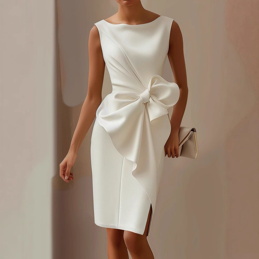 Women's Midi Dress Boat Neck Sleeveless with Side Bow Detail