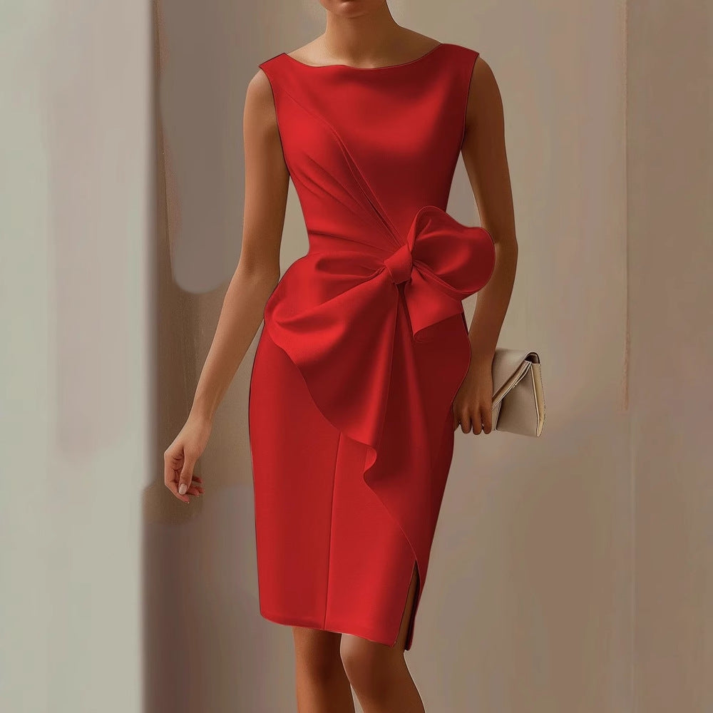 Women's Midi Dress Boat Neck Sleeveless with Side Bow Detail