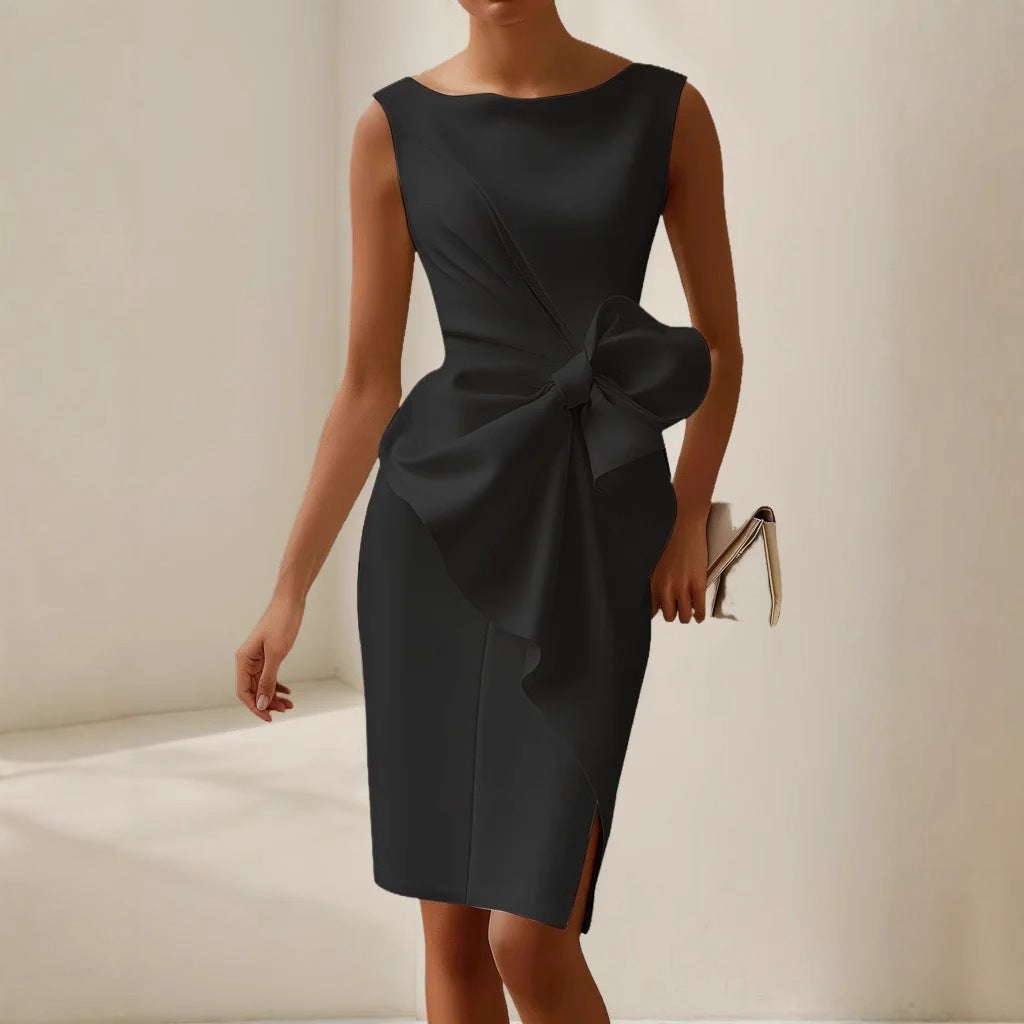 Women's Midi Dress Boat Neck Sleeveless with Side Bow Detail