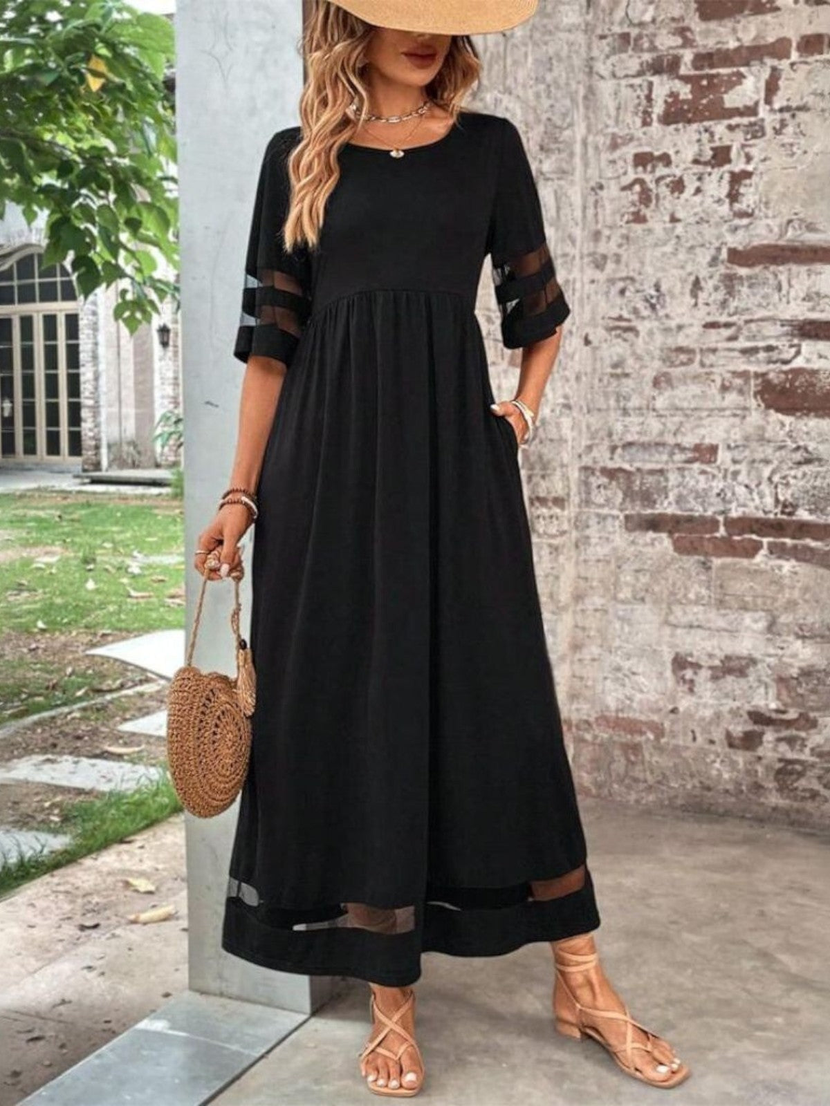 Women's Midi Dress Mesh Stripe Panels and Side Slip Pockets