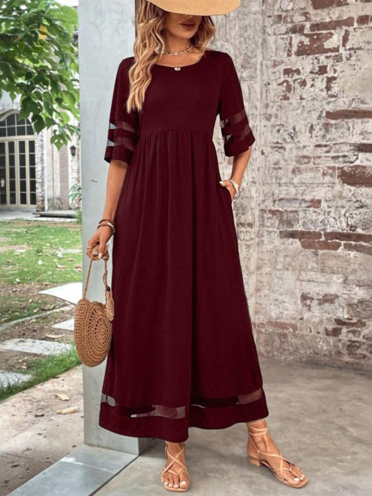 Women's Midi Dress Mesh Stripe Panels and Side Slip Pockets