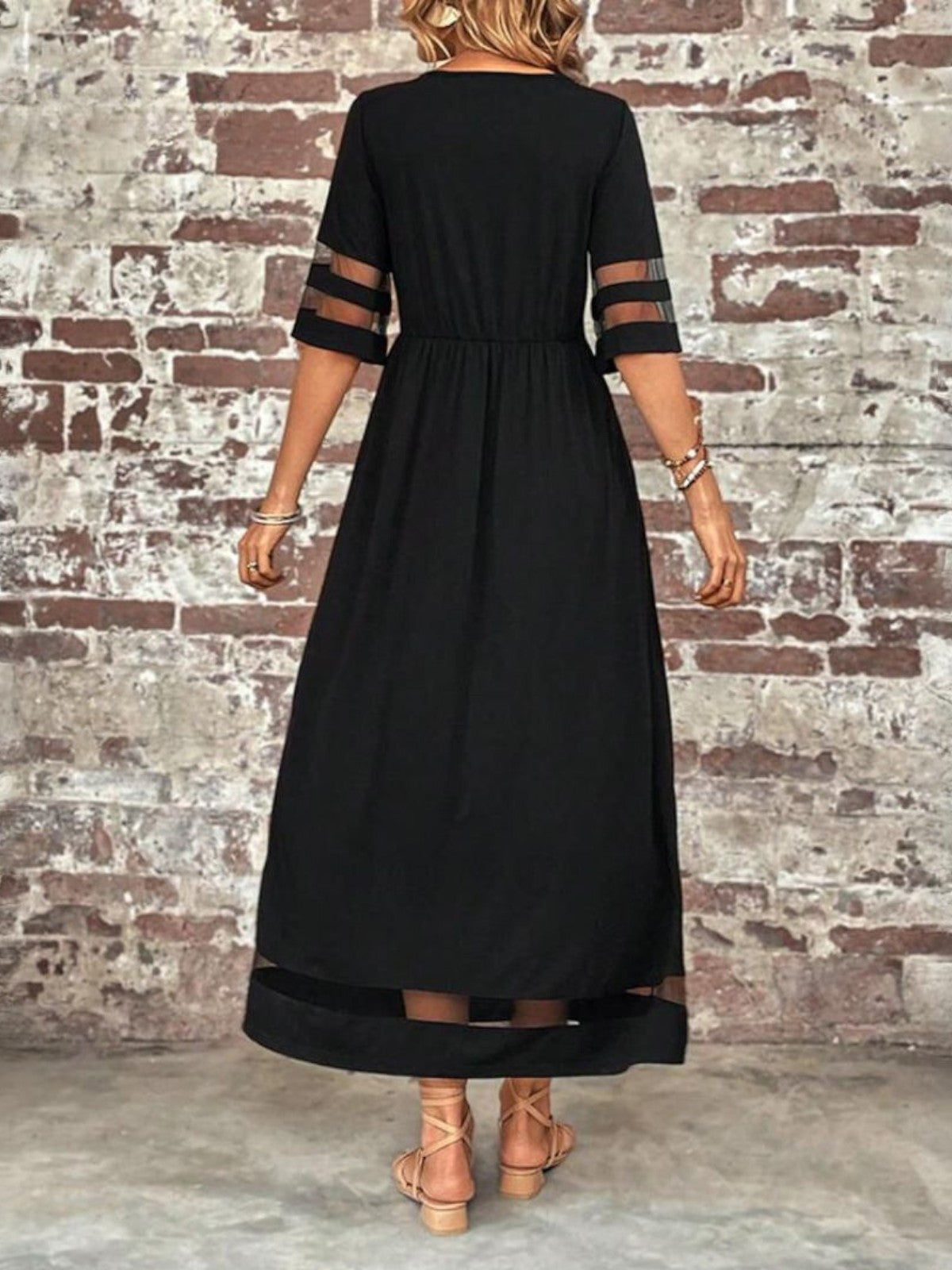 Women's Midi Dress Mesh Stripe Panels and Side Slip Pockets