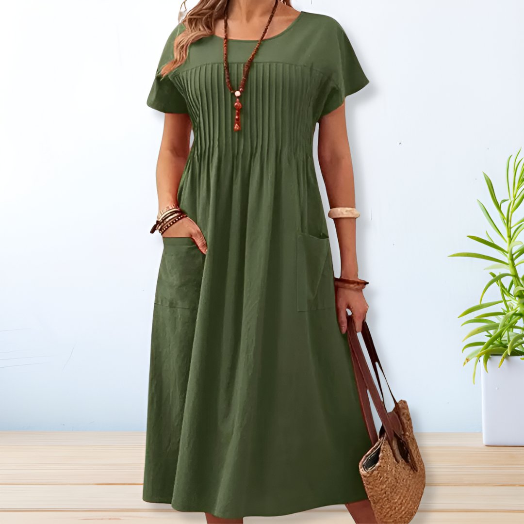 Women's Midi Dress Pleated Chest Texture and Side Slip Pockets