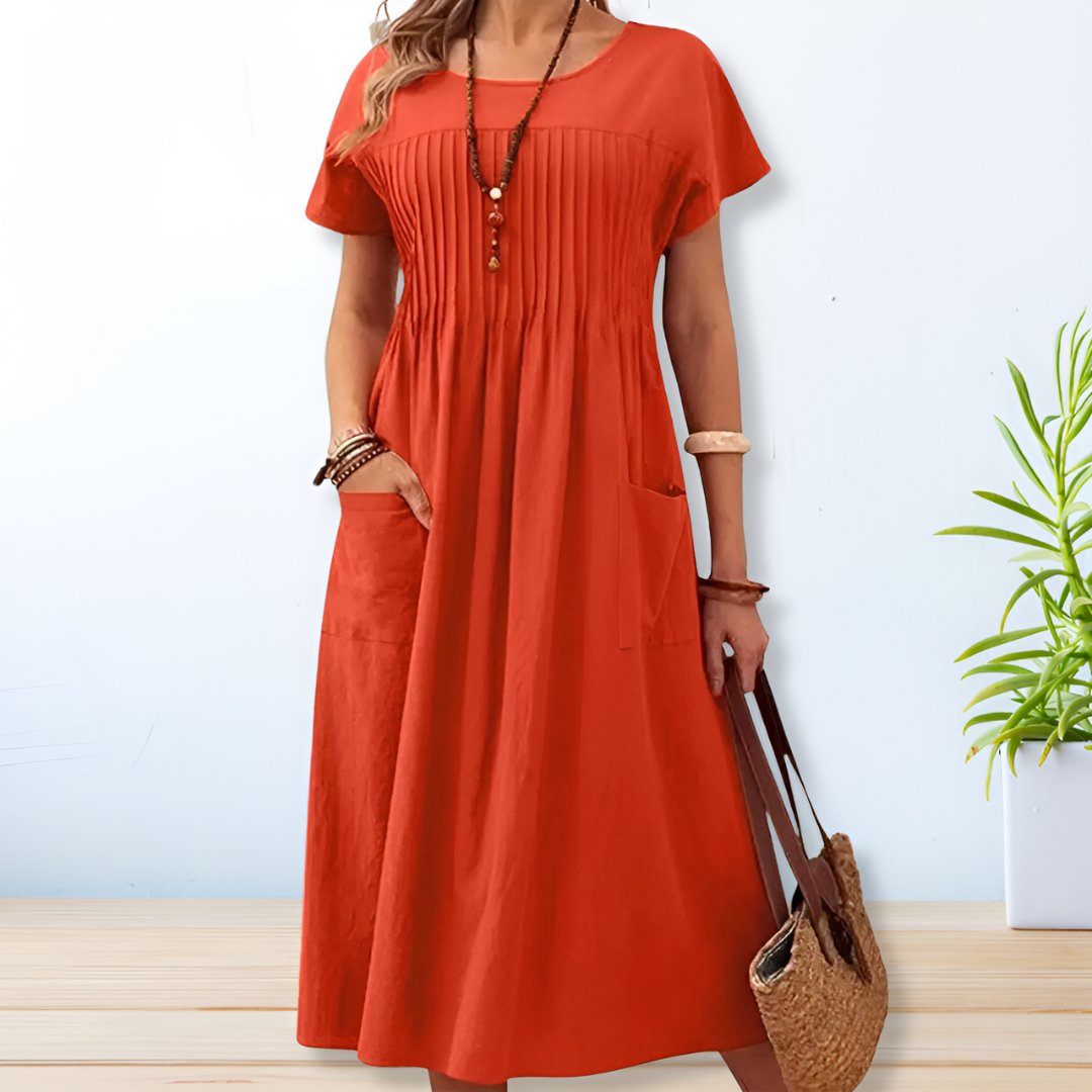 Women's Midi Dress Pleated Chest Texture and Side Slip Pockets
