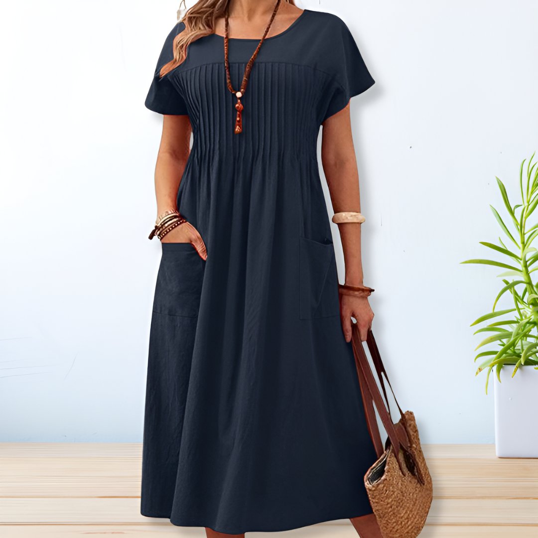 Women's Midi Dress Pleated Chest Texture and Side Slip Pockets