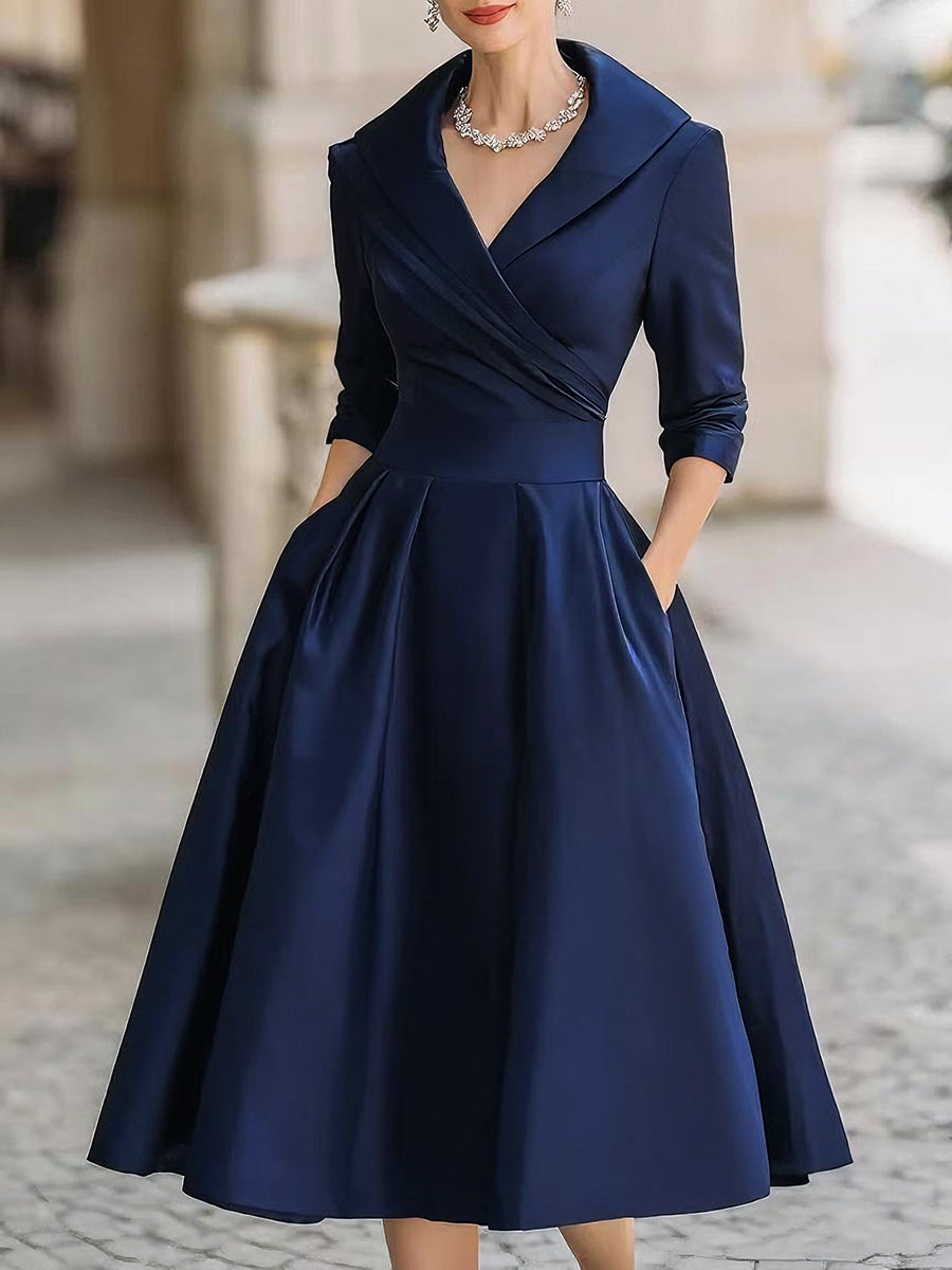Women's Midi Dress Wrap Bodice and Pleated Flared Skirt