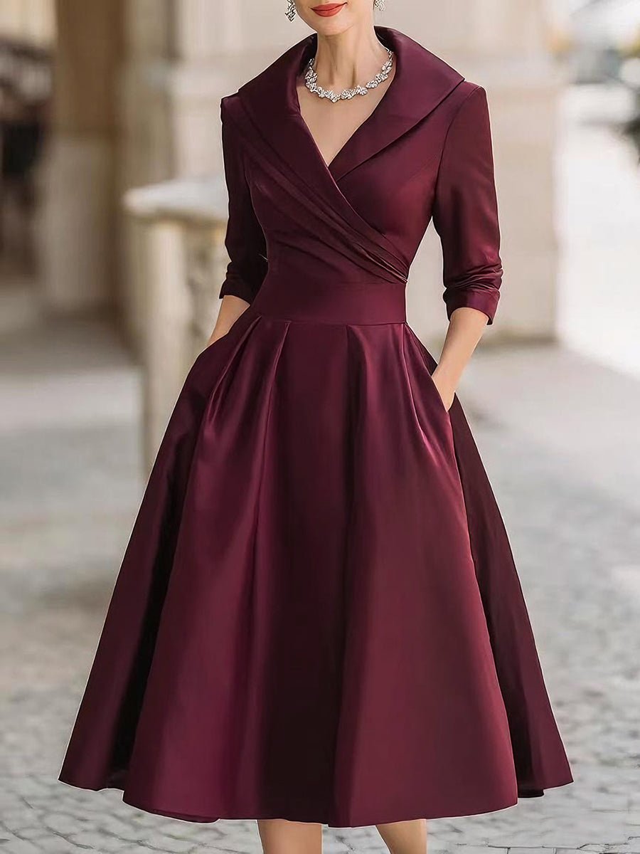 Women's Midi Dress Wrap Bodice and Pleated Flared Skirt
