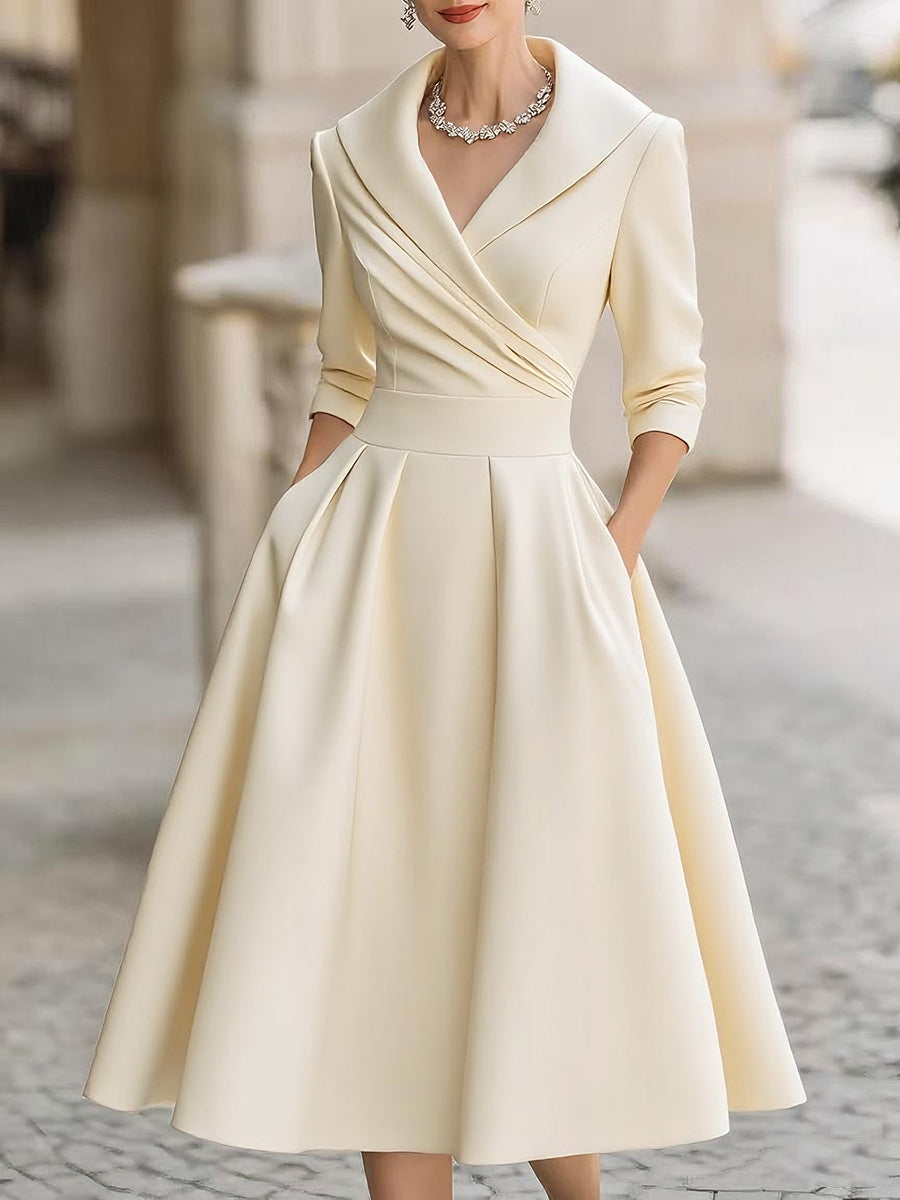 Women's Midi Dress Wrap Bodice and Pleated Flared Skirt