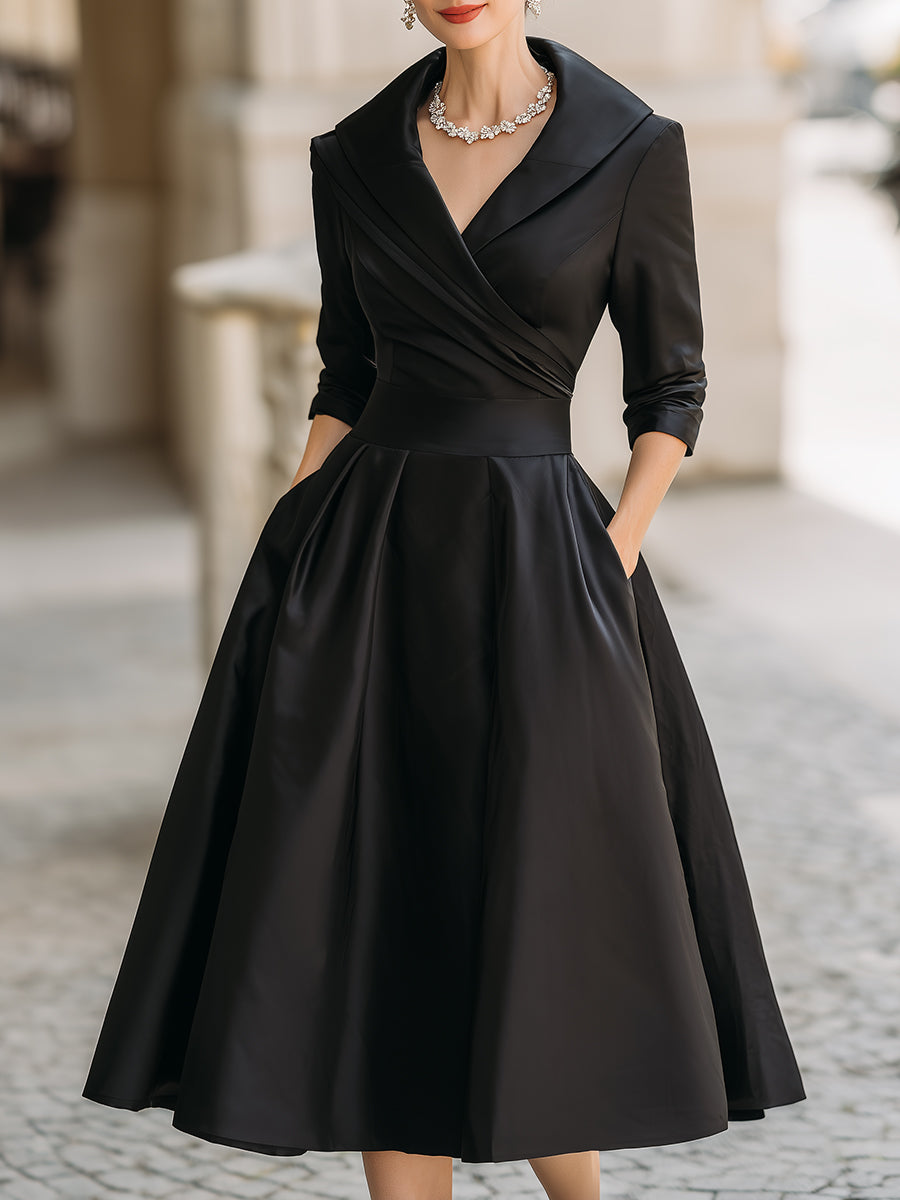 Women's Midi Dress Wrap Bodice and Pleated Flared Skirt
