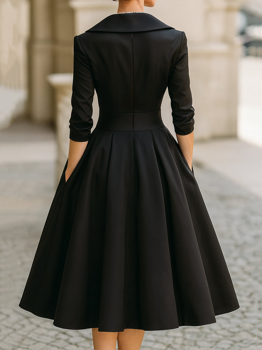 Women's Midi Dress Wrap Bodice and Pleated Flared Skirt