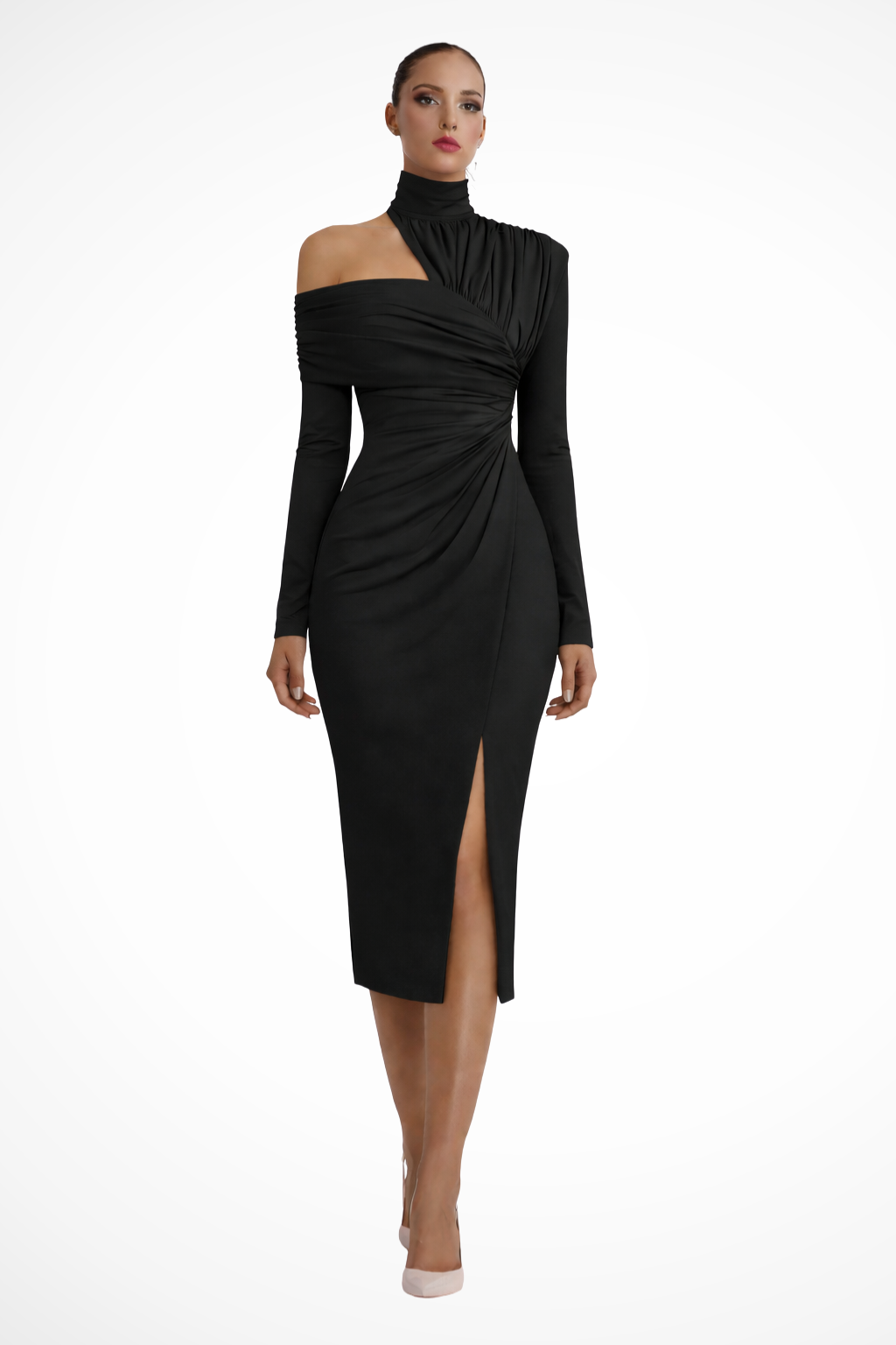 Women's Midi Weddig Guest Dress with Asymmetric High Neck and Front Slit