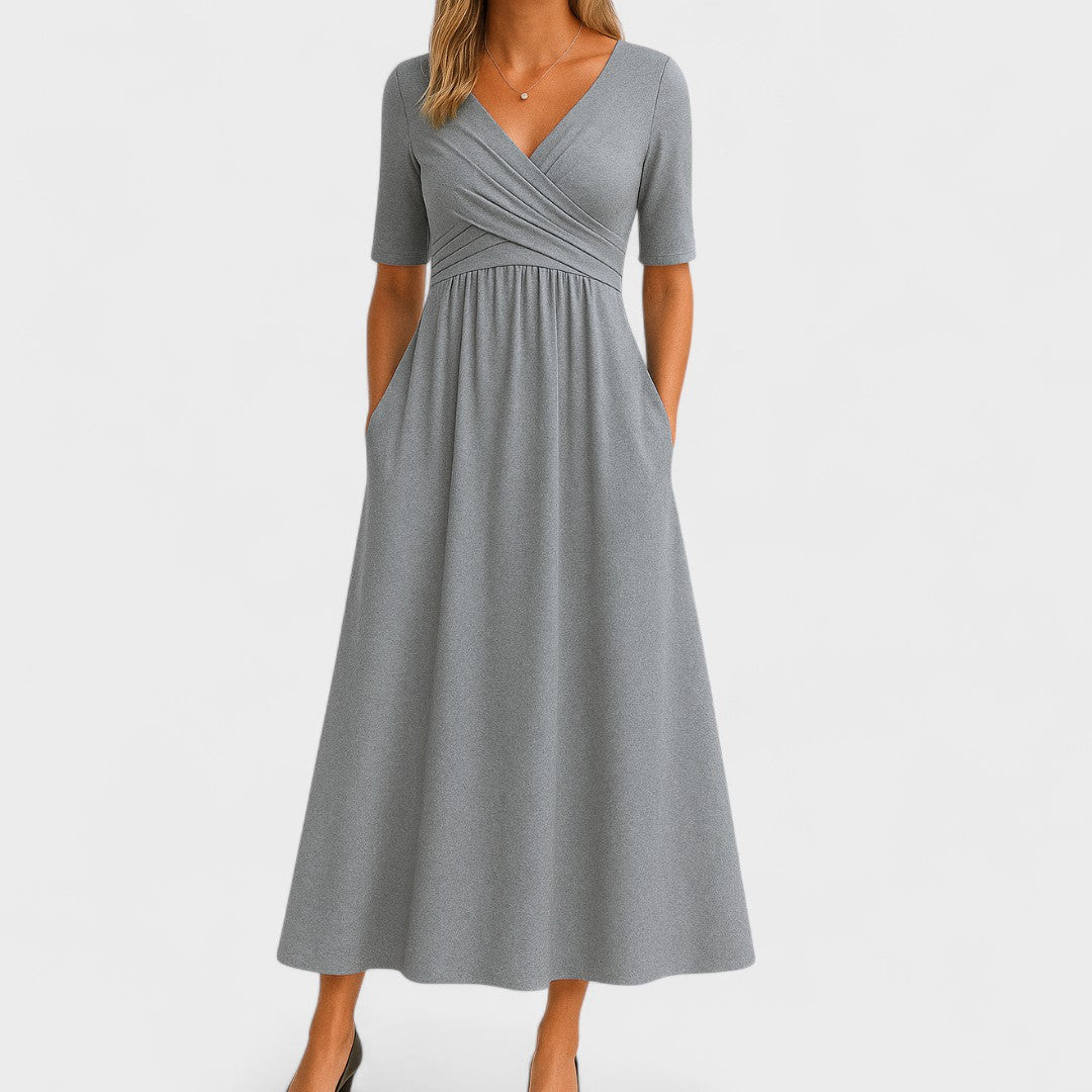 Women's Midi Dress with Surplice V-Neck and Short Sleeves