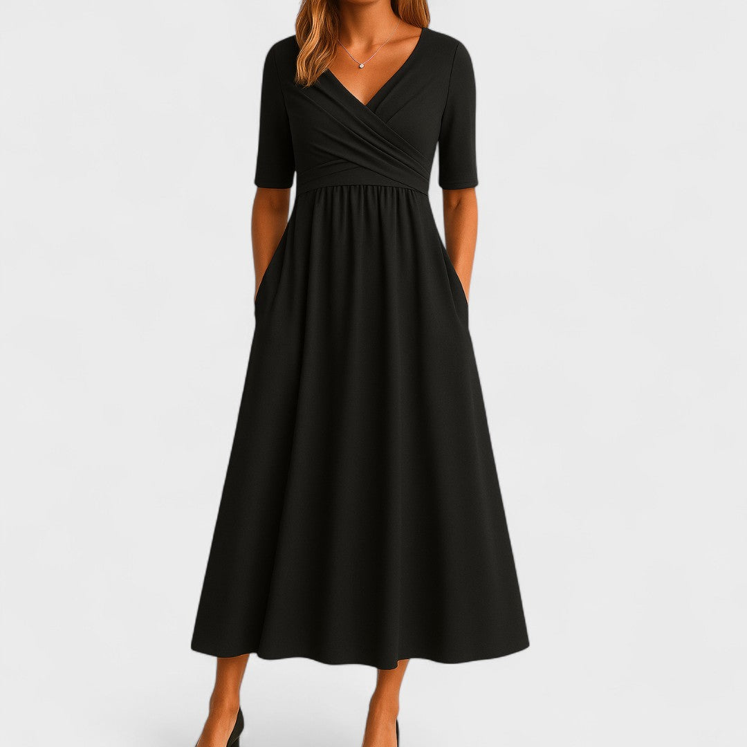 Women's Midi Dress with Surplice V-Neck and Short Sleeves