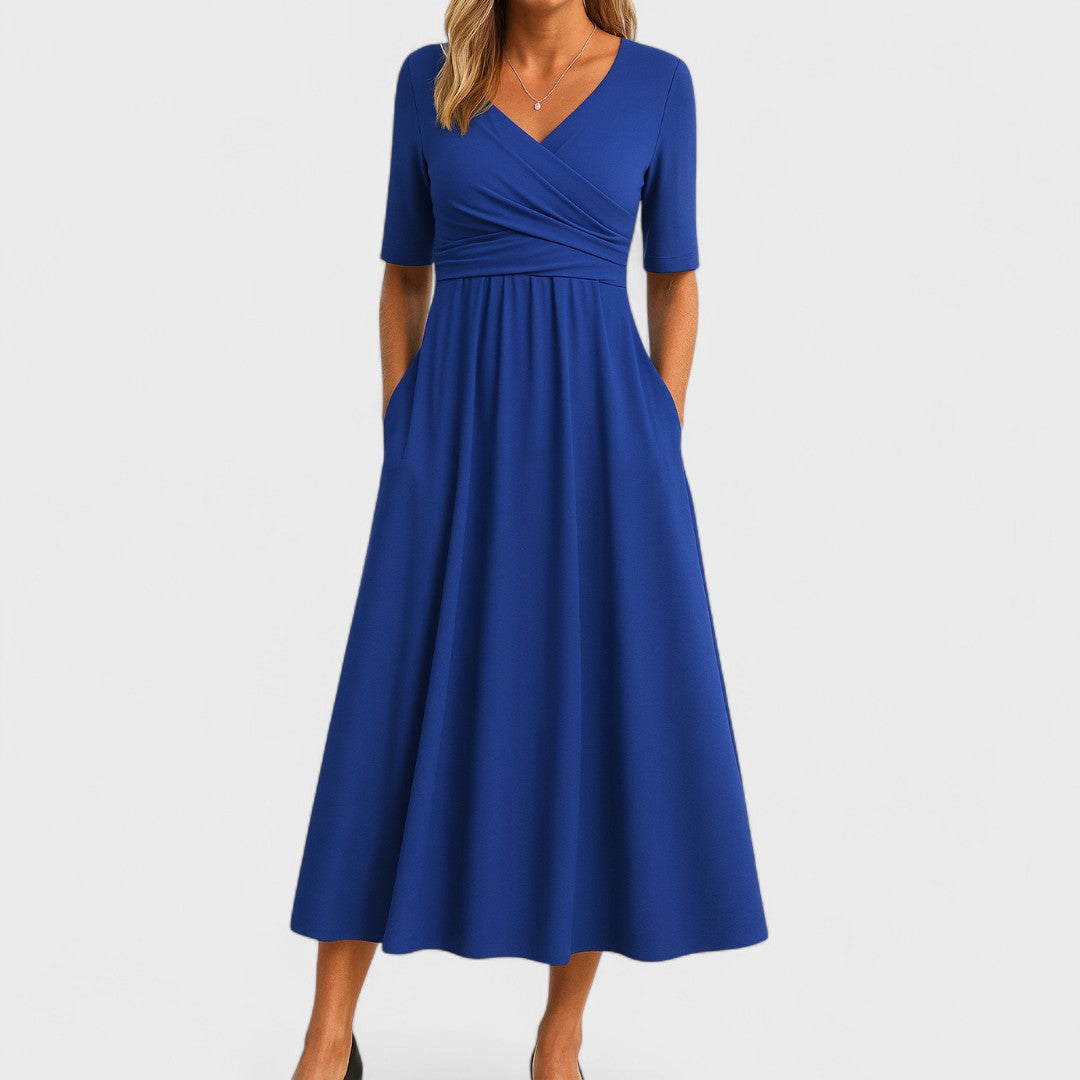 Women's Midi Dress with Surplice V-Neck and Short Sleeves