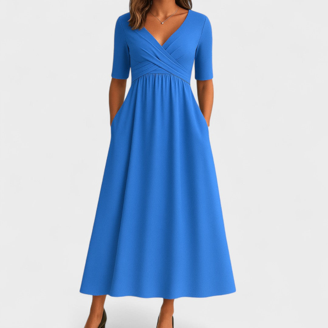Women's Midi Dress with Surplice V-Neck and Short Sleeves