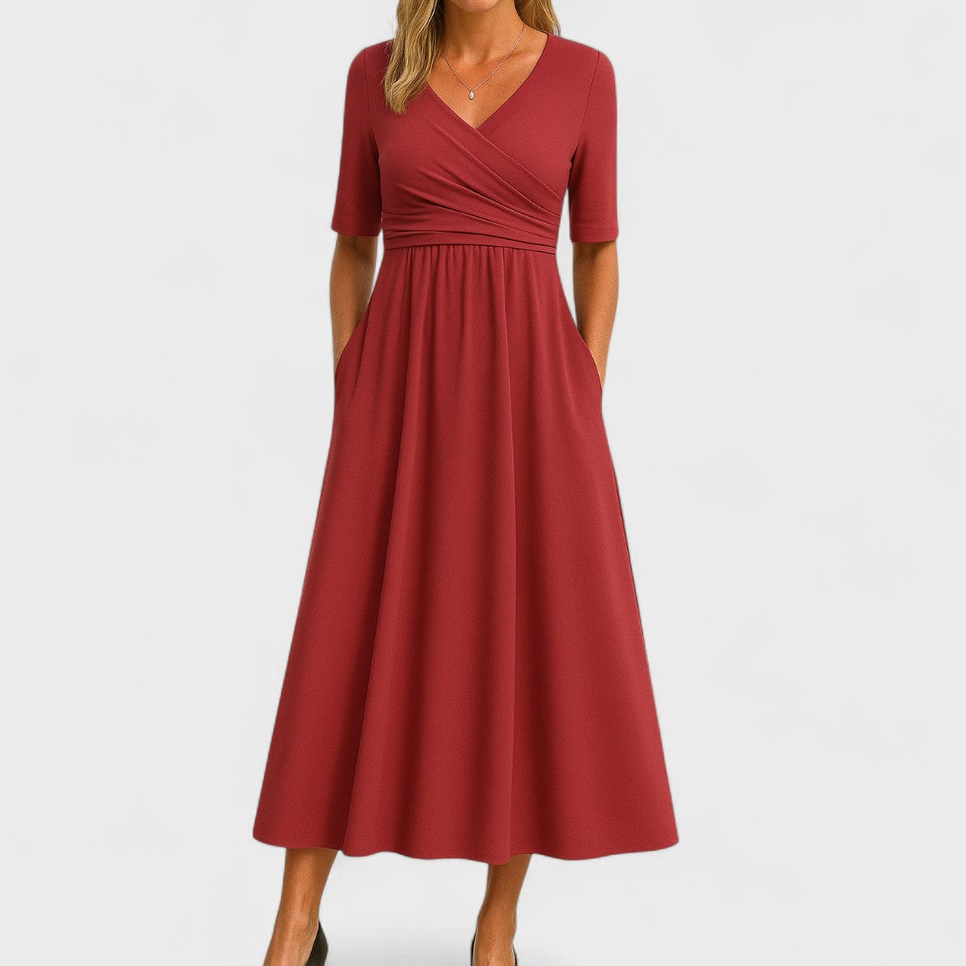 Women's Midi Dress with Surplice V-Neck and Short Sleeves