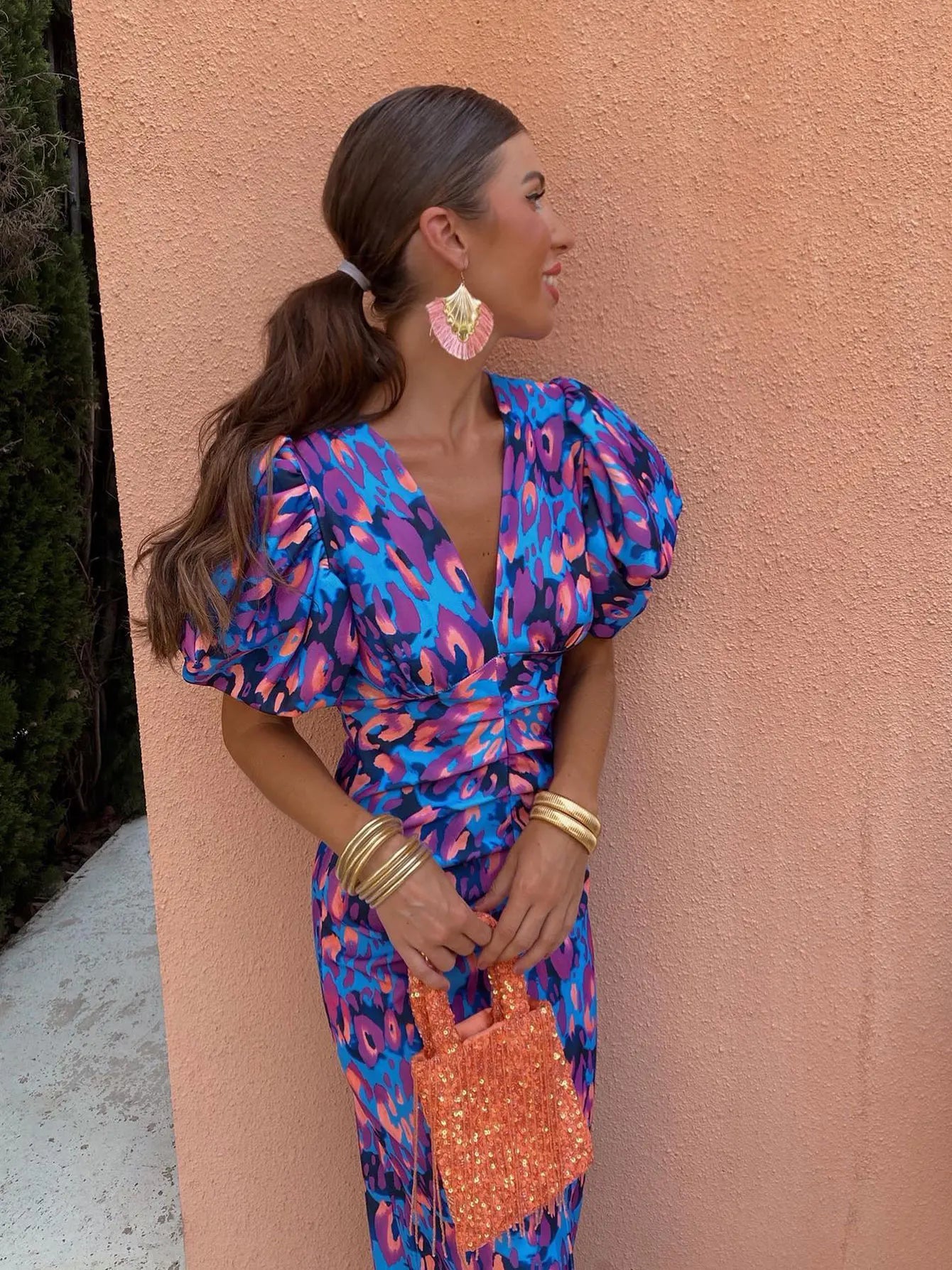 Women's Midi Evening Dress Puff Sleeves and Vibrant Leopard Print