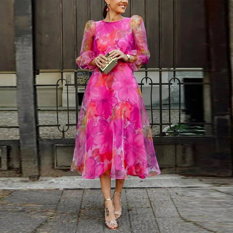 Women's Midi Wedding Guest Dress Multi-Color Floral Print