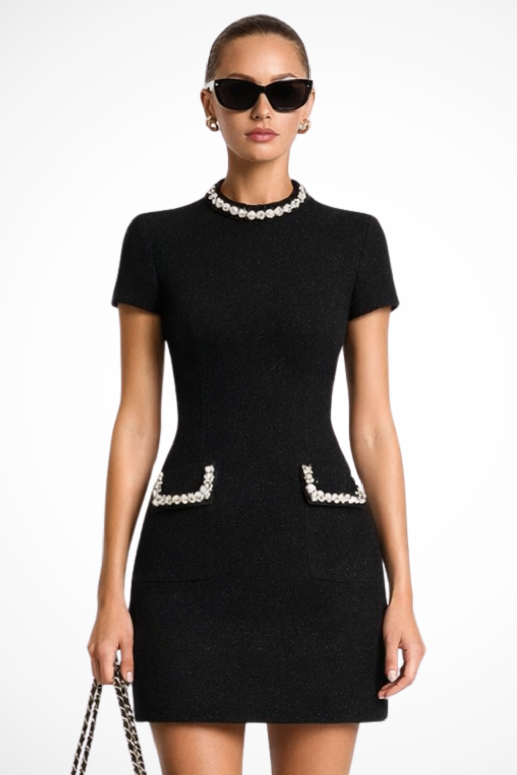 Women's Mini Dress with Embellished Collar and Pearl Pocket Flaps