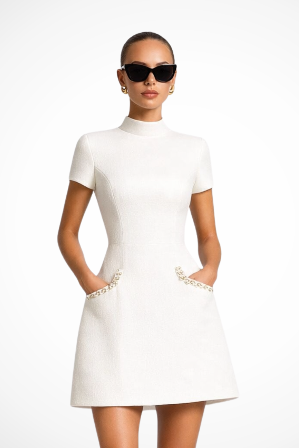 Women's Mini Dress with Embellished Collar and Pearl Pocket Flaps