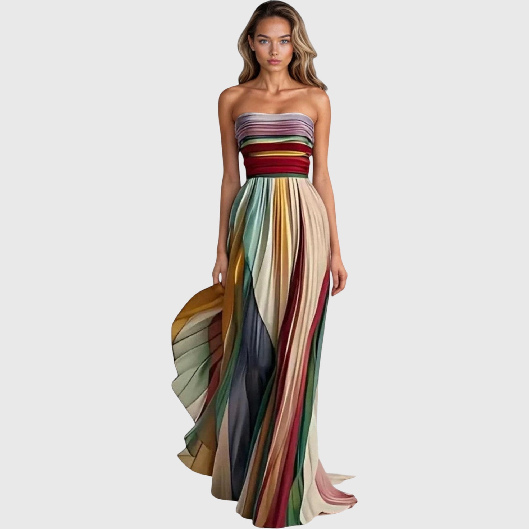 Women's Multicolor Strapless Maxi Dress Pleated Skirt and Striped Pattern