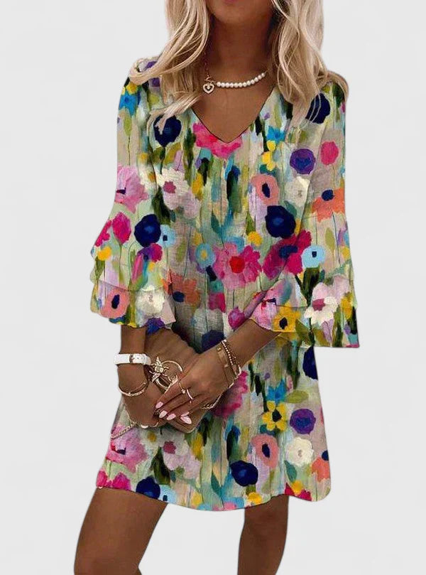 Women's Multicolored Floral Mini Dress with V-Neck and Ruffle Sleeves