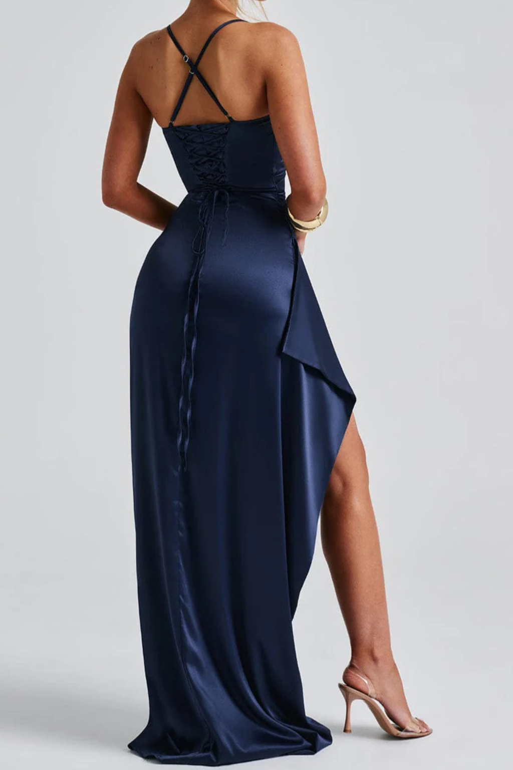 Women's Navy Blue Maxi Dress with Sweetheart Neckline with Ruched Bodice and High Side Slit
