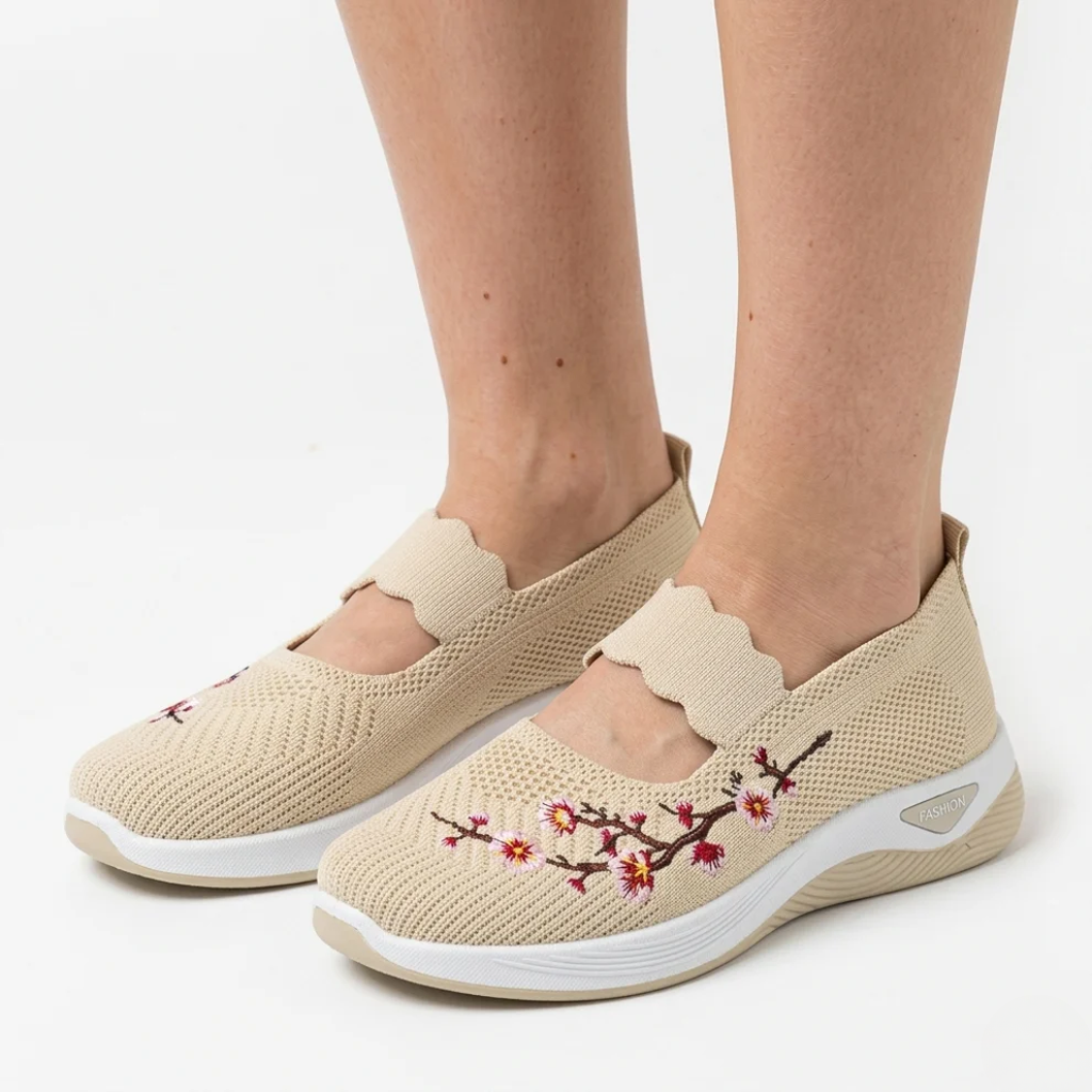 Women's Non-Slip Sneakers Orthopedic Breathable Knit with Floral Embroidery