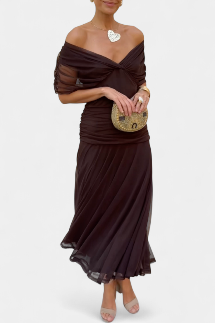 Women's Off the Shoulder Wedding Guest Midi Dress Ruched