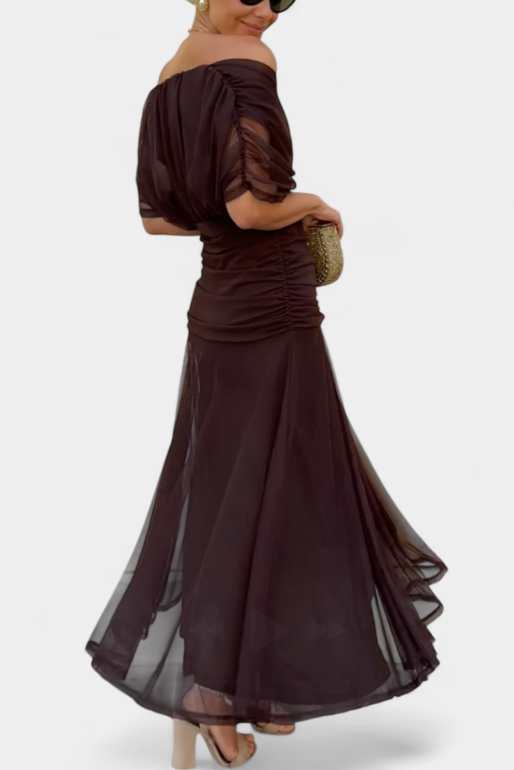 Women's Off the Shoulder Wedding Guest Midi Dress Ruched