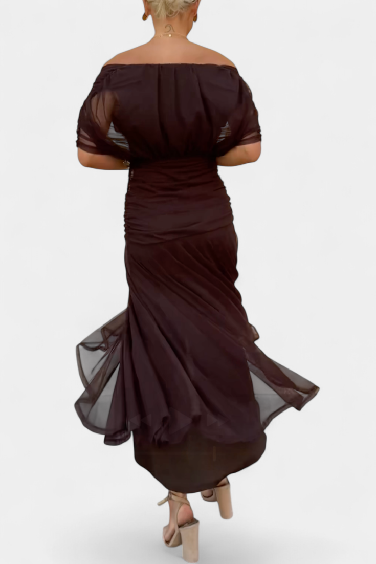 Women's Off the Shoulder Wedding Guest Midi Dress Ruched