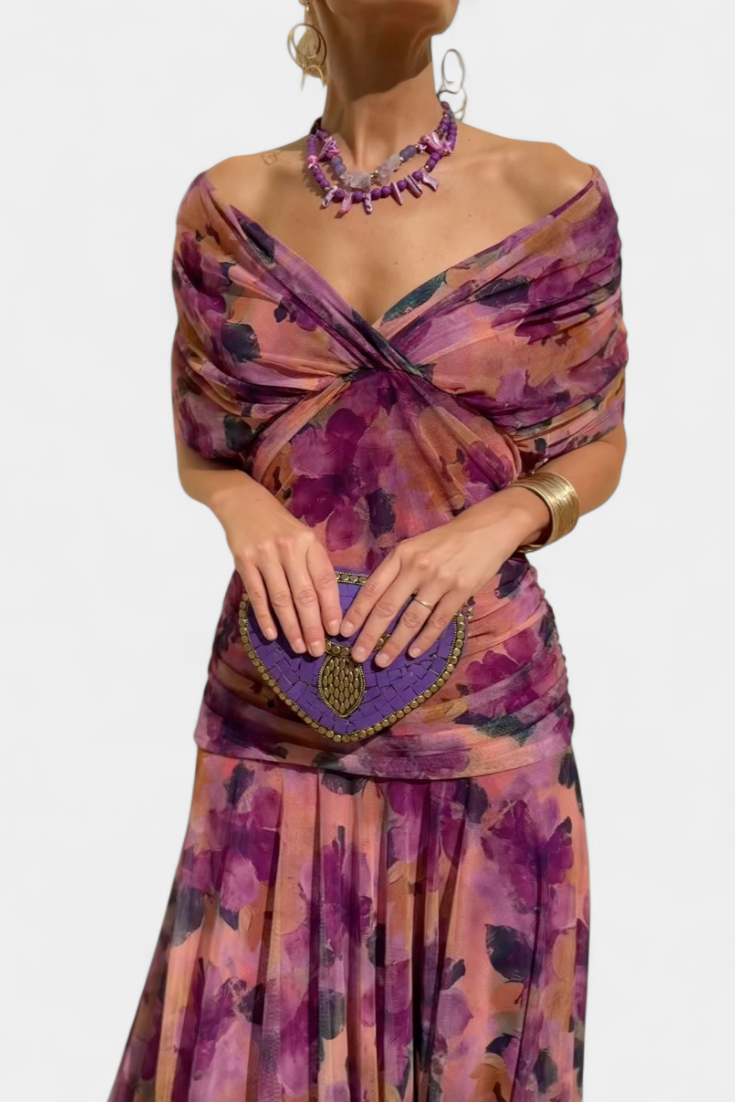 Women's Off the Shoulder Wedding Guest Midi Dress Ruched